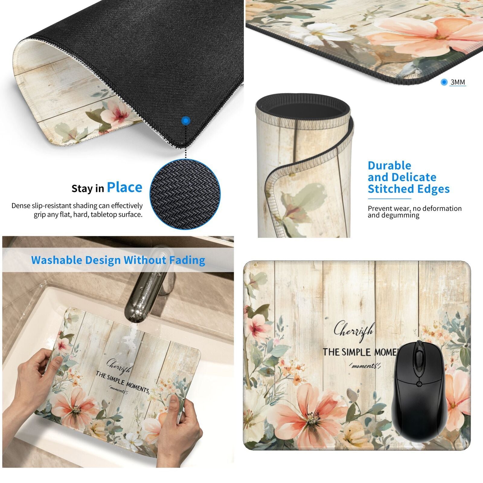 1pc Vintage Wooden Floor & Watercolor Blossoms Mouse Pad, Non-Slip Rubber Desk Mat, Washable & Water-Resistant, Soft Beige with Rich Grain & Playful Floral Design, Coral, Cream, Lavender - Oblong Shape