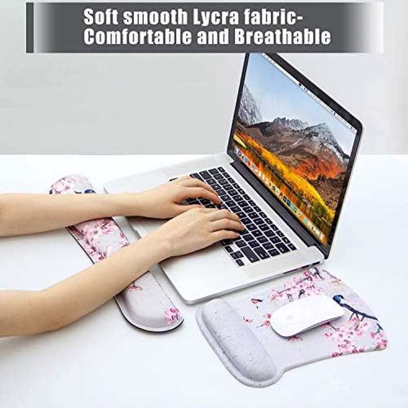 Ergonomic Keyboard Mouse Pad Set with Wrist Rest Support | Memory Foam Hand Rest Wrist Cushion Set for Laptop Notebook Desktop Computer Gaming Office Desk, Easy Typing, Bird Pink Flower Design, EVA Material