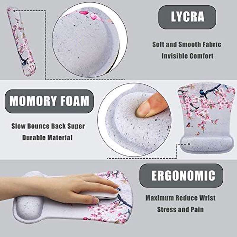 Ergonomic Keyboard Mouse Pad Set with Wrist Rest Support | Memory Foam Hand Rest Wrist Cushion Set for Laptop Notebook Desktop Computer Gaming Office Desk, Easy Typing, Bird Pink Flower Design, EVA Material